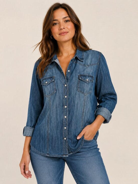 Simply Be Tops - Simply Be Chambray Denim Button Front Western Shirt Plus Size Roll Tab Sleeve